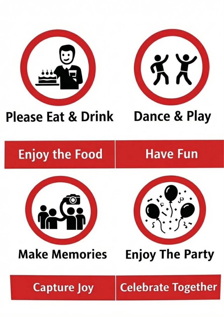 MRT-style signs saying Please Eat and Drink, Dance and Play, Make Memories and Enjoy the Party